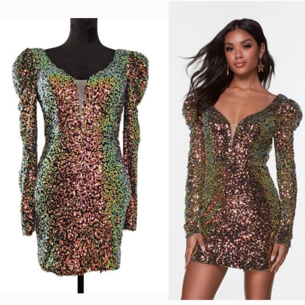 ALYCE PARIS NWT V-Back Long Sleeve Dress in Dragon Scale, Size 6